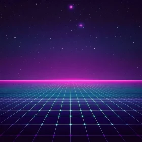 80s Retro Futuristic Grid with Neon Lights and Stars
