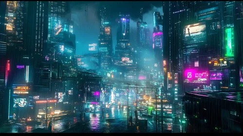 Neon Rainy Night in the Futuristic City