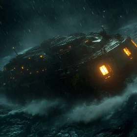 Ship Amidst Stormy Night Ocean