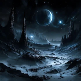 Galactic View with Rocky Terrain and Stars