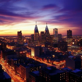 Urban Skyline at Dusk with Vibrant City Lights