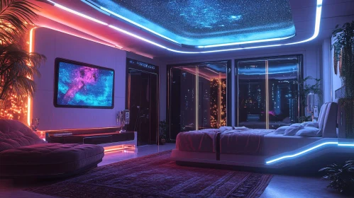 Modern Bedroom with Neon Accents and Cosmic Theme
