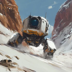 Mechanical Entity Traversing Snowy Landscape