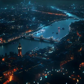 London Cityscape at Night with Thames River and Iconic Landmarks