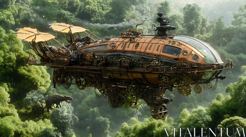 Intricate Steampunk Airship with Dinosaur in Forest