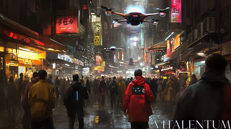 Neon-Lit Futuristic City Scene with Drones AI Image