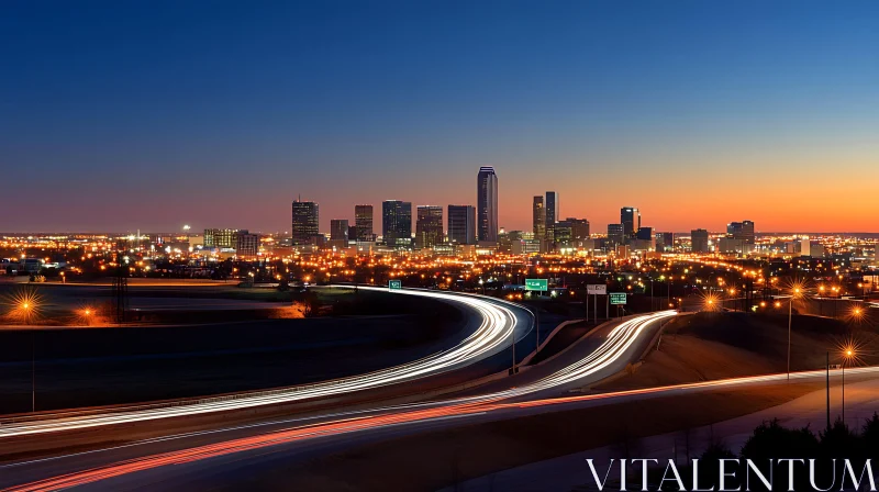 Twilight Cityscape with Light Trails and Illuminated Skyline