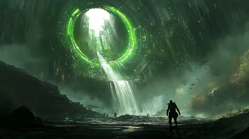 Adventurer in a Futuristic Green-Lit Cavern