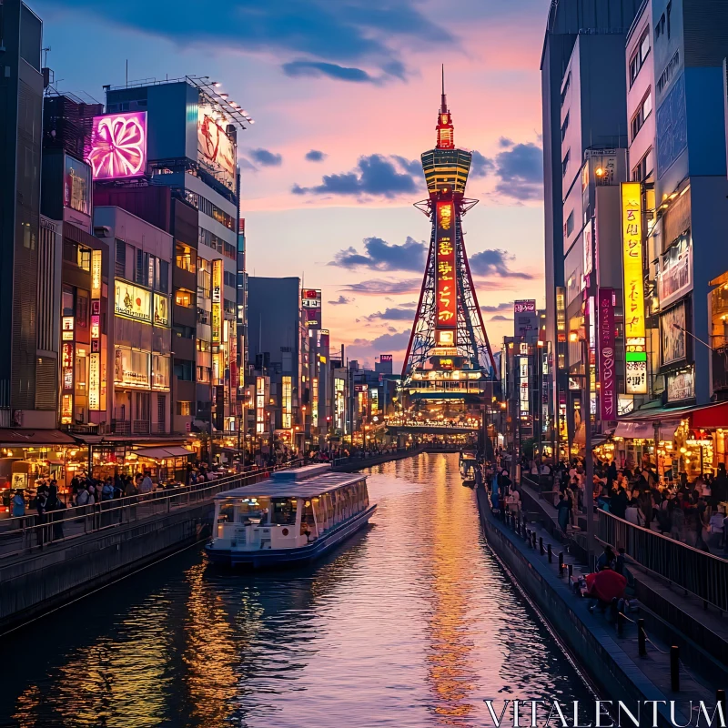 Vibrant City Nightlife with Tower and Reflections