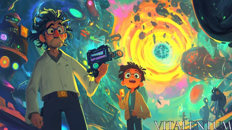 Animated Scientist and Boy with Inventions AI Image