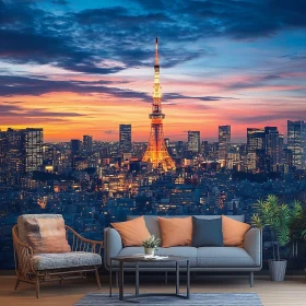Sunset Cityscape with Illuminated Tokyo Tower