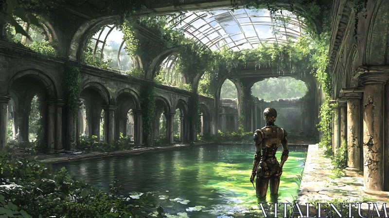 Futuristic Robot Amidst Nature in Ruined Architecture AI Image