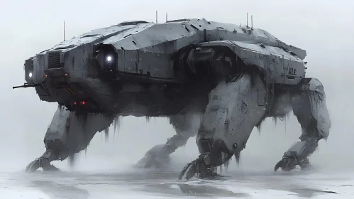Menacing Mechanical Four-Legged Robot in Fog