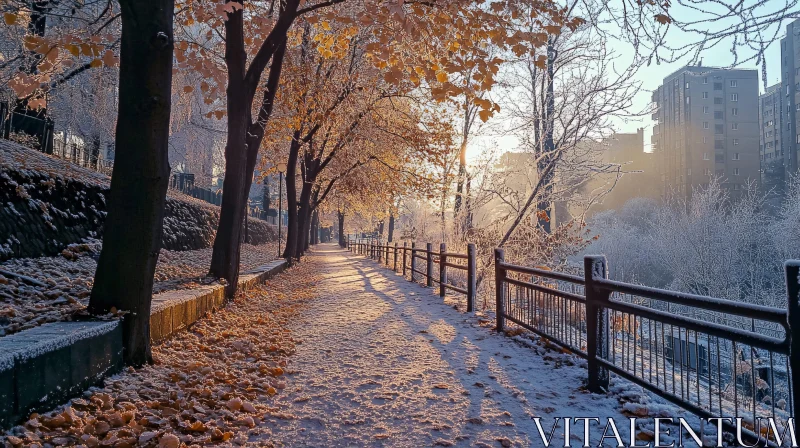 Snow-Covered Path beneath Golden Trees AI Image