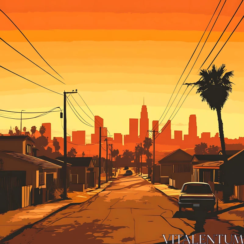 AI ART Serene Urban Sunset with Silhouetted Skyline