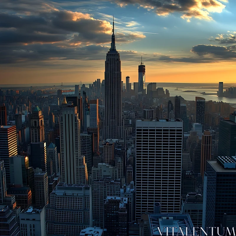 Urban Sunset Skyline with Prominent Skyscraper AI Image