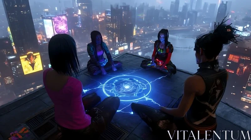 Futuristic Ritual on a Skyscraper AI Image