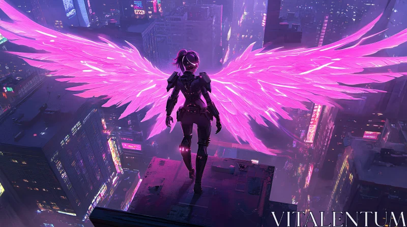 AI ART Neon Winged Figure in Futuristic Urban Night Scene