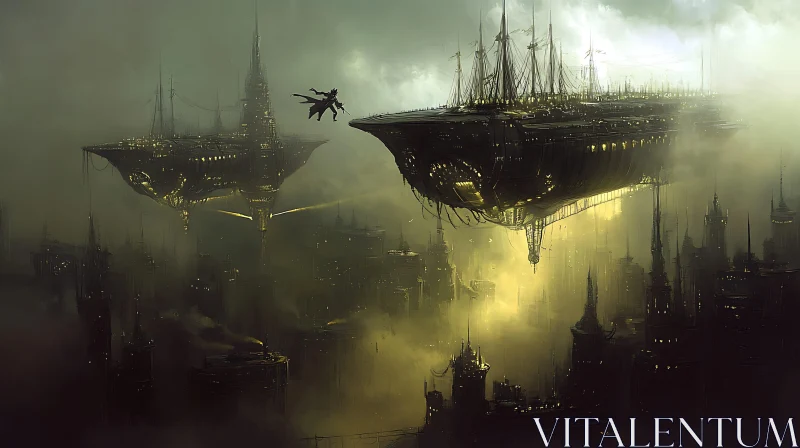 AI ART Steampunk Airships over a Foggy Industrial City