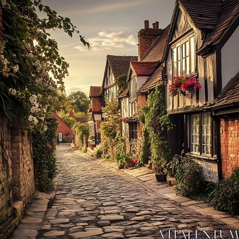 Picturesque Village Street with Flowers AI Image