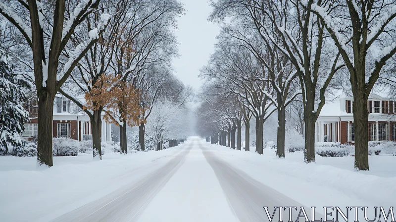 AI ART Snow-Covered Street with Bare Trees and Houses