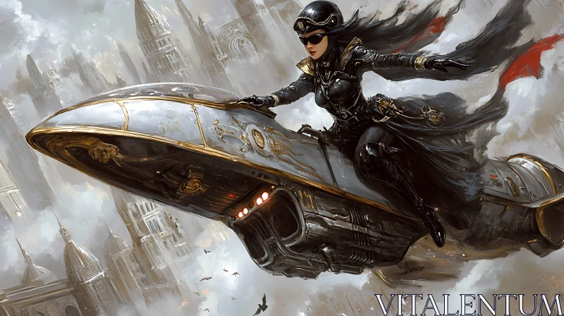 Steampunk Lady in Futuristic Flying Craft AI Image