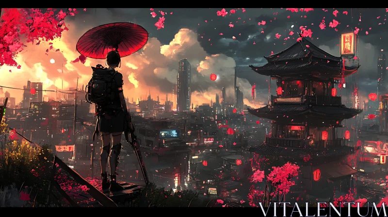 AI ART Cyberpunk Samurai Overlooking Neon City