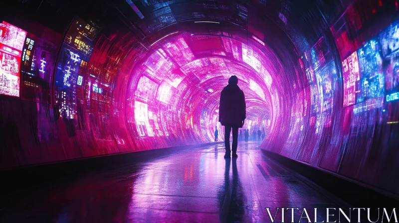 Luminous Tunnel Walk in Cyberpunk City AI Image