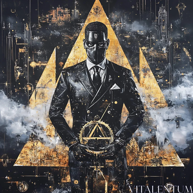 Mystical Figure Amidst Gold and Dark Geometric Shapes AI Image