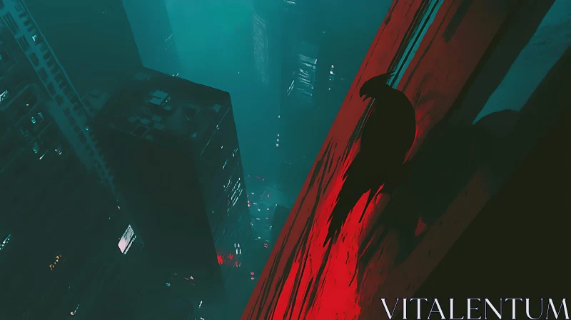 AI ART Shadowy Bird Overlooking Foggy Night City