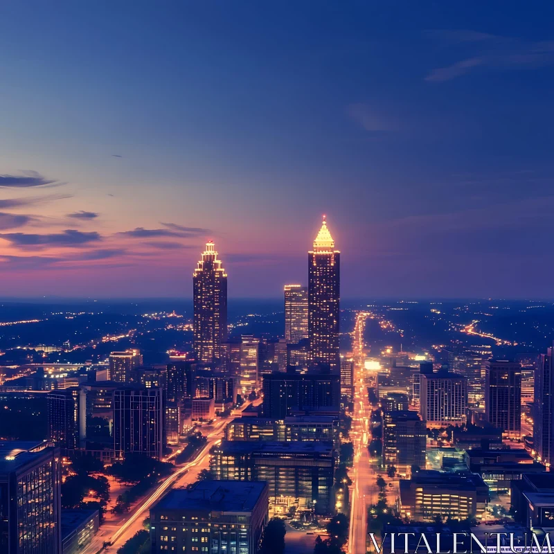 Evening City View with Glowing Skyscrapers AI Image