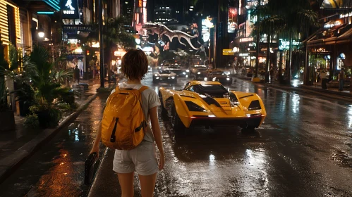 Neon Night Cityscape with Backpacker and Sports Car