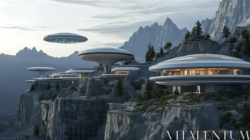 Modern Mountain Cliff Buildings and Spaceship AI Image