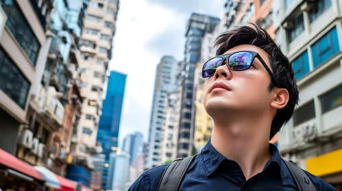 Modern City Reflections: Man in Sunglasses Surrounded by Skyscrapers