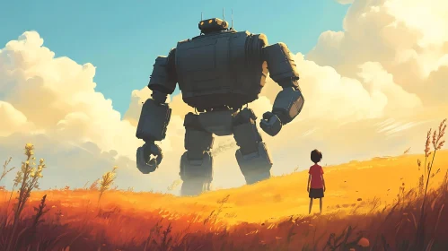 Giant Robot Meets Child in Sunlit Grassland