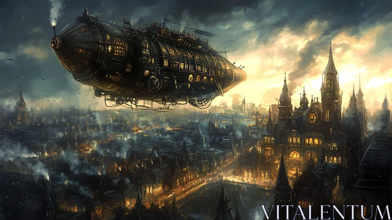 Steampunk City with Floating Airship AI Image