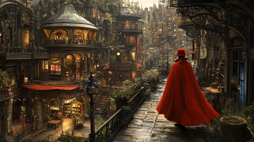 Enigmatic Red-Cloaked Traveler in Steampunk Cityscape