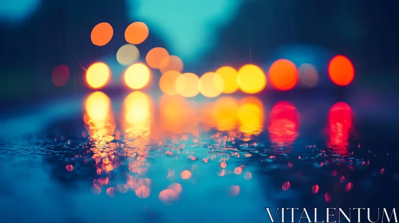 Bokeh Light Reflections on Wet Pavement AI Image