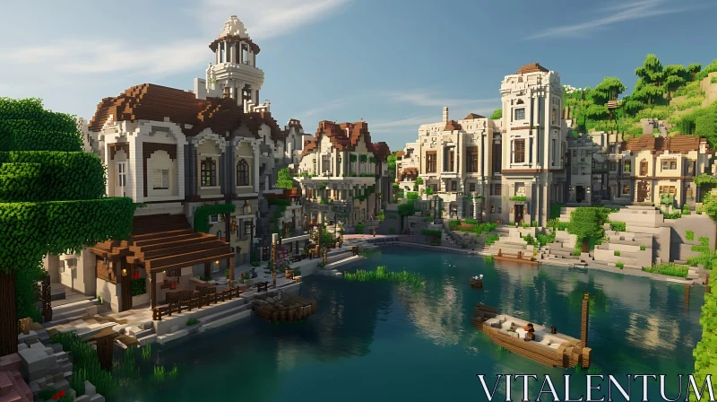 Minecraft Scenic Village by the Lake with Boats and Greenery AI Image