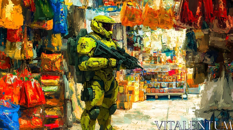 Futuristic Soldier in a Vibrant Market Scene AI Image