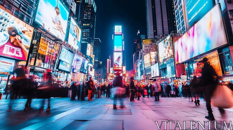 Urban Night Scene with Bright Billboards and Crowded Streets AI Image