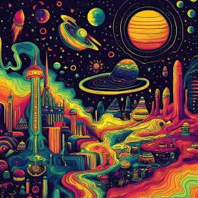 Fantastical Cosmic City in a Surreal Artwork