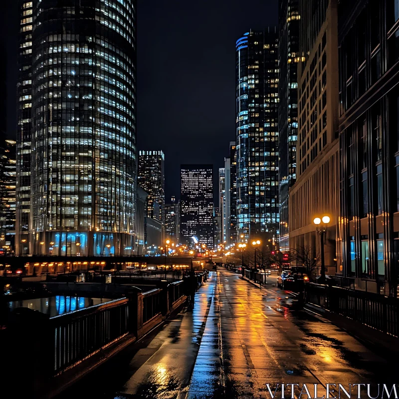 Urban Night Scene with Skyscrapers and Lights AI Image