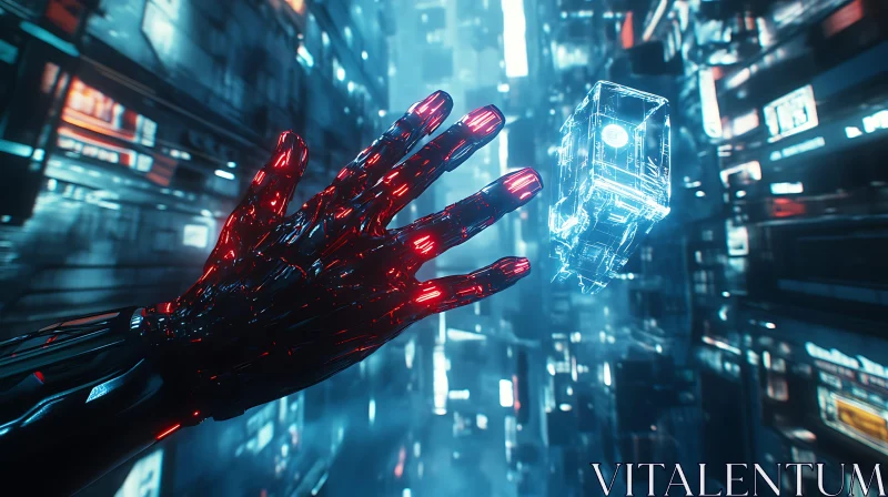 Cyborg Arm Reaching for Hologram in Neon Lit City AI Image