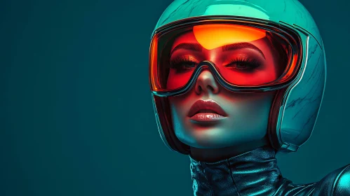 Fashionable Woman in Futuristic Helmet and Neon Glasses