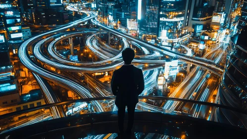 Urban Night View with Overlooking Figure