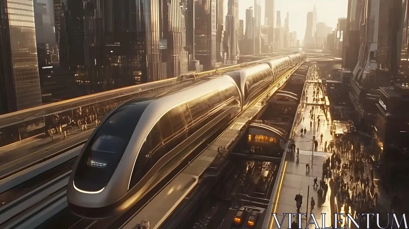 Sunset Over Futuristic Urban Transit System AI Image