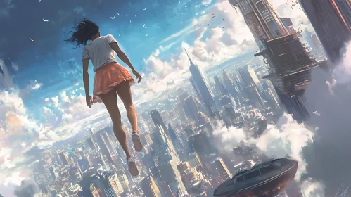 Woman Floating Over Modern City Fantasy Art