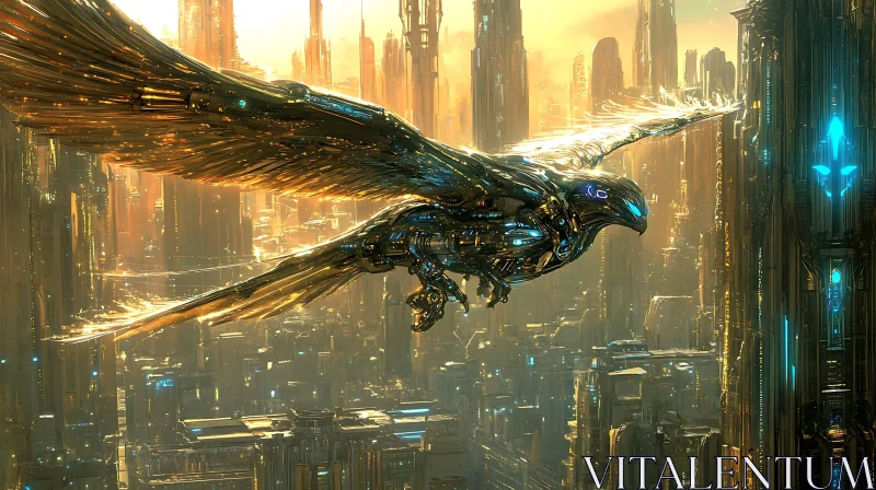 AI ART Futuristic City and Mechanical Bird in Golden Light