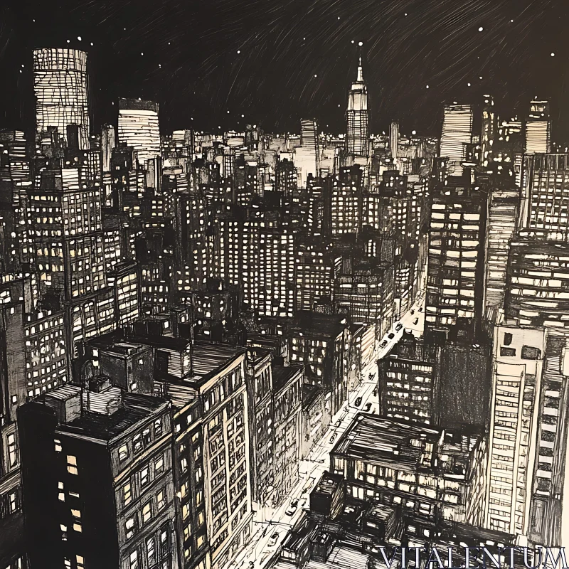 AI ART Monochromatic Urban Night Scene Illustration